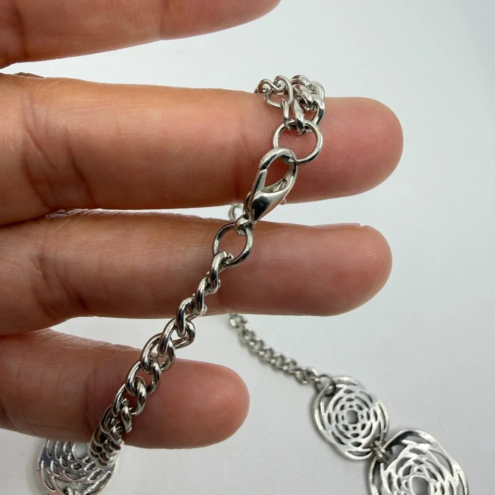 Necklace Silver Tone Spiral Rose Disc Statement Vintage Floral Boho Bib Chain